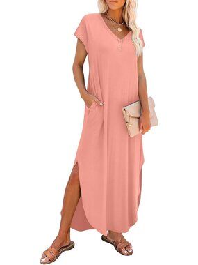 Women's Coral Maxi Dress Casual Summer V Neck Beach Sundress With Pockets